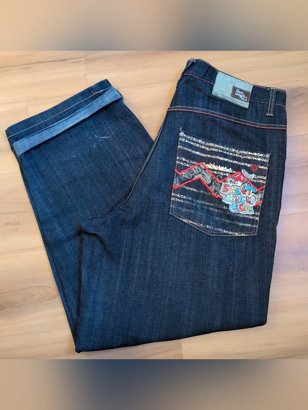 Vtg 5ive Jungle Jeans Mens 40x33 Dark Blue Embroidered Baggy Wide Leg Skater 5J